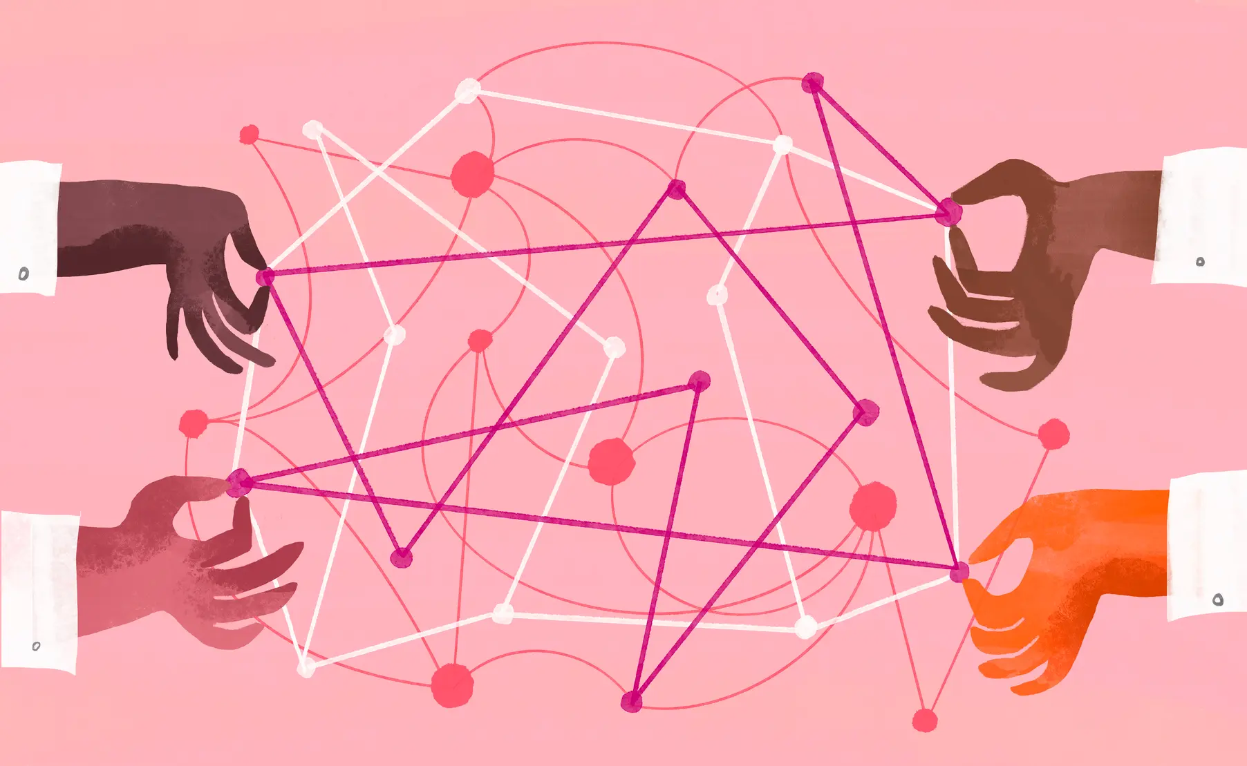 Four illustrated hands of varying skin tones hold and stretch lines linking nodes, forming a tangled network on a pink background.